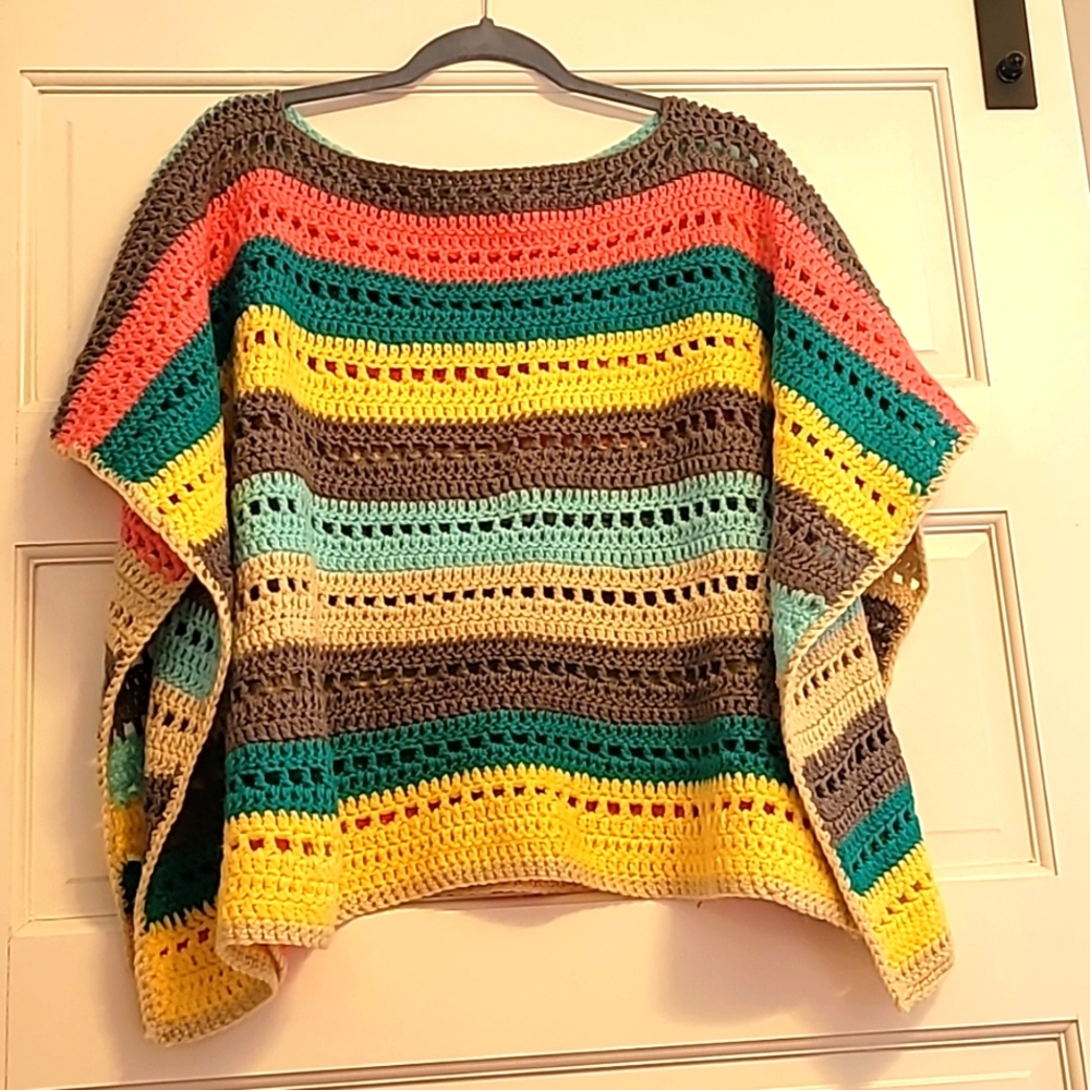 Crochet Artisan boho poncho wear 2 ways Pink Blue Yellow Crochet is IN!!